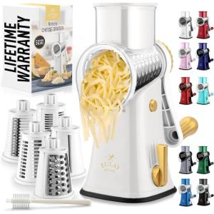 imageZulay Kitchen Rotary Cheese Grater 5 Blade Cheese Shredder  Manual Hand Crank Cheese Grater With Reinforced Suction ampamp 5 Interchangeable Drums  Easy to Use Vegetable Chopper Round Mandoline SlicerWhite  Gold