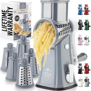 imageZulay Kitchen Rotary Cheese Grater 5 Blade Cheese Shredder  Manual Hand Crank Cheese Grater With Reinforced Suction ampamp 5 Interchangeable Drums  Easy to Use Vegetable Chopper Round Mandoline SlicerWhite and Gray