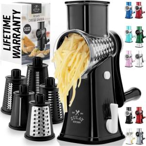 imageZulay Kitchen Rotary Cheese Grater 5 Blade Cheese Shredder  Manual Hand Crank Cheese Grater With Reinforced Suction ampamp 5 Interchangeable Drums  Easy to Use Vegetable Chopper Round Mandoline SlicerBlack