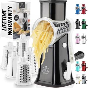 imageZulay Kitchen Rotary Cheese Grater 5 Blade Cheese Shredder  Manual Hand Crank Cheese Grater With Reinforced Suction ampamp 5 Interchangeable Drums  Easy to Use Vegetable Chopper Round Mandoline SlicerWhiteBlack