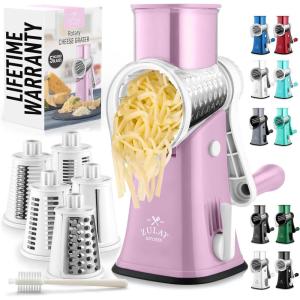 imageZulay Kitchen Rotary Cheese Grater 5 Blade Cheese Shredder  Manual Hand Crank Cheese Grater With Reinforced Suction ampamp 5 Interchangeable Drums  Easy to Use Vegetable Chopper Round Mandoline SlicerPink and White