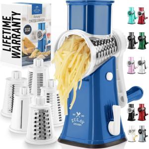 imageZulay Kitchen Rotary Cheese Grater 5 Blade Cheese Shredder  Manual Hand Crank Cheese Grater With Reinforced Suction ampamp 5 Interchangeable Drums  Easy to Use Vegetable Chopper Round Mandoline SlicerWhite and Blue