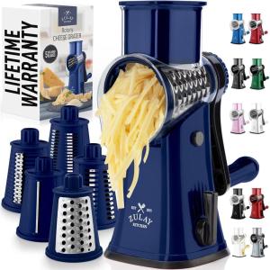 imageZulay Kitchen Rotary Cheese Grater 5 Blade Cheese Shredder  Manual Hand Crank Cheese Grater With Reinforced Suction ampamp 5 Interchangeable Drums  Easy to Use Vegetable Chopper Round Mandoline SlicerSapphire