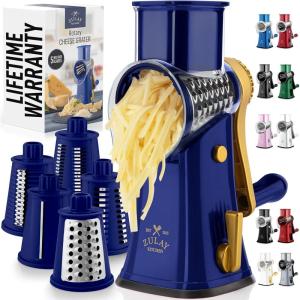 imageZulay Kitchen Rotary Cheese Grater 5 Blade Cheese Shredder  Manual Hand Crank Cheese Grater With Reinforced Suction ampamp 5 Interchangeable Drums  Easy to Use Vegetable Chopper Round Mandoline SlicerBlue and Gold