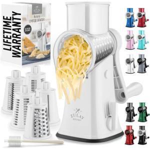 imageZulay Kitchen Rotary Cheese Grater 5 Blade Cheese Shredder  Manual Hand Crank Cheese Grater With Reinforced Suction ampamp 5 Interchangeable Drums  Easy to Use Vegetable Chopper Round Mandoline SlicerWhite