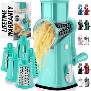 imageZulay Kitchen Rotary Cheese Grater 5 Blade Cheese Shredder  Manual Hand Crank Cheese Grater With Reinforced Suction ampamp 5 Interchangeable Drums  Easy to Use Vegetable Chopper Round Mandoline SlicerTeal