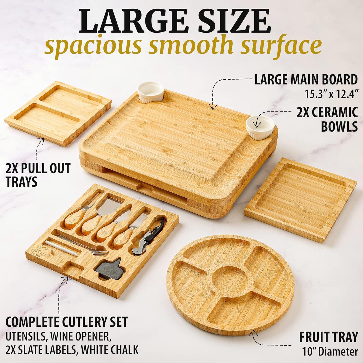 imageZulay Kitchen Premium Bamboo Cheese Board Set  Extra Thick Bamboo Charcuterie Board Set with 4 Piece Knife Set  Wooden Cheese Board is Perfect for Charcuterie Wine and Cheese Deluxe Set