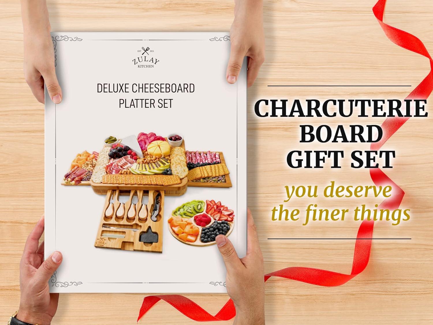 imageZulay Kitchen Premium Bamboo Cheese Board Set  Extra Thick Bamboo Charcuterie Board Set with 4 Piece Knife Set  Wooden Cheese Board is Perfect for Charcuterie Wine and Cheese Deluxe Set