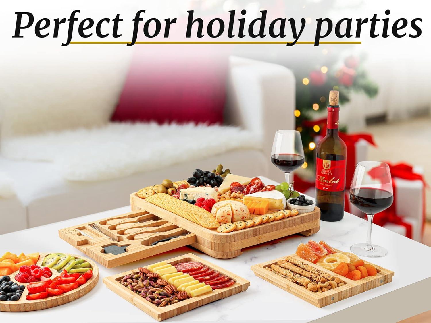 imageZulay Kitchen Premium Bamboo Cheese Board Set  Extra Thick Bamboo Charcuterie Board Set with 4 Piece Knife Set  Wooden Cheese Board is Perfect for Charcuterie Wine and Cheese Deluxe Set