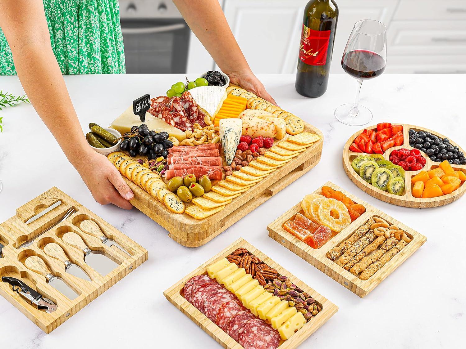 imageZulay Kitchen Premium Bamboo Cheese Board Set  Extra Thick Bamboo Charcuterie Board Set with 4 Piece Knife Set  Wooden Cheese Board is Perfect for Charcuterie Wine and Cheese Deluxe Set