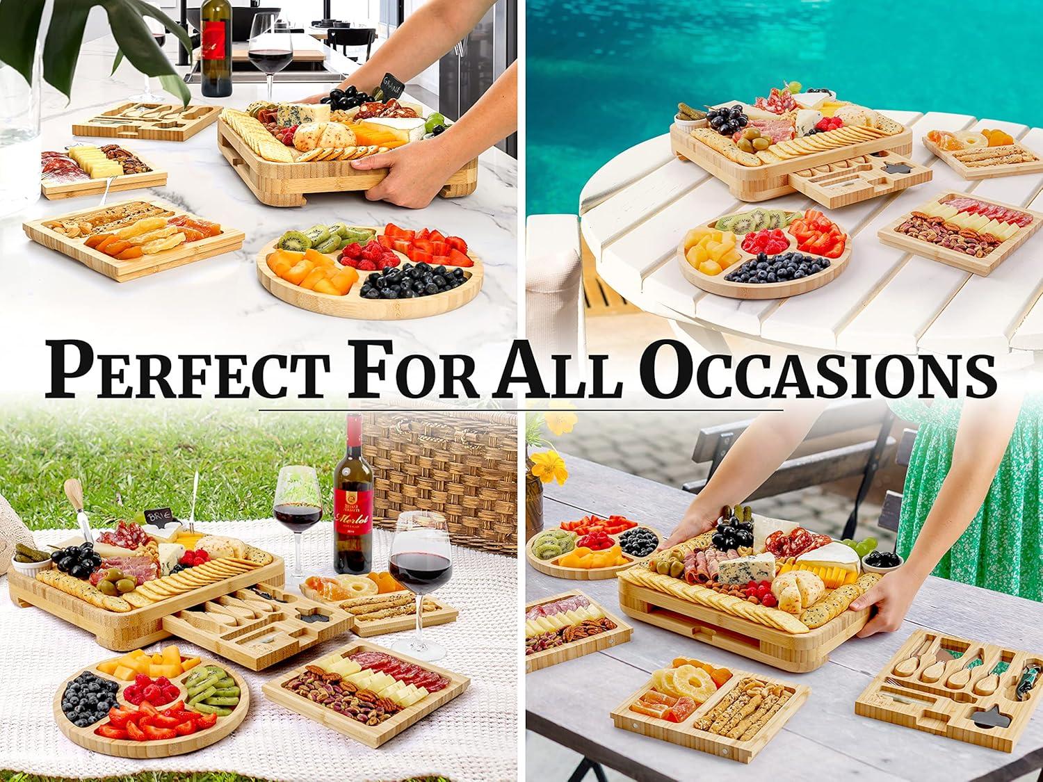 imageZulay Kitchen Premium Bamboo Cheese Board Set  Extra Thick Bamboo Charcuterie Board Set with 4 Piece Knife Set  Wooden Cheese Board is Perfect for Charcuterie Wine and Cheese Deluxe Set