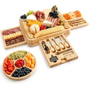 imageZulay Kitchen Premium Bamboo Cheese Board Set  Extra Thick Bamboo Charcuterie Board Set with 4 Piece Knife Set  Wooden Cheese Board is Perfect for Charcuterie Wine and Cheese Deluxe Set