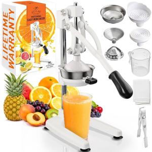 image:imageZulay Kitchen 9 in 1 Cast Iron Juicer  EasytoClean HeavyDuty Manual Juicer with Presser Attachment to Juice All Types of Fruits Extra Tall with Stainless Steel Bowl  BlackWhite