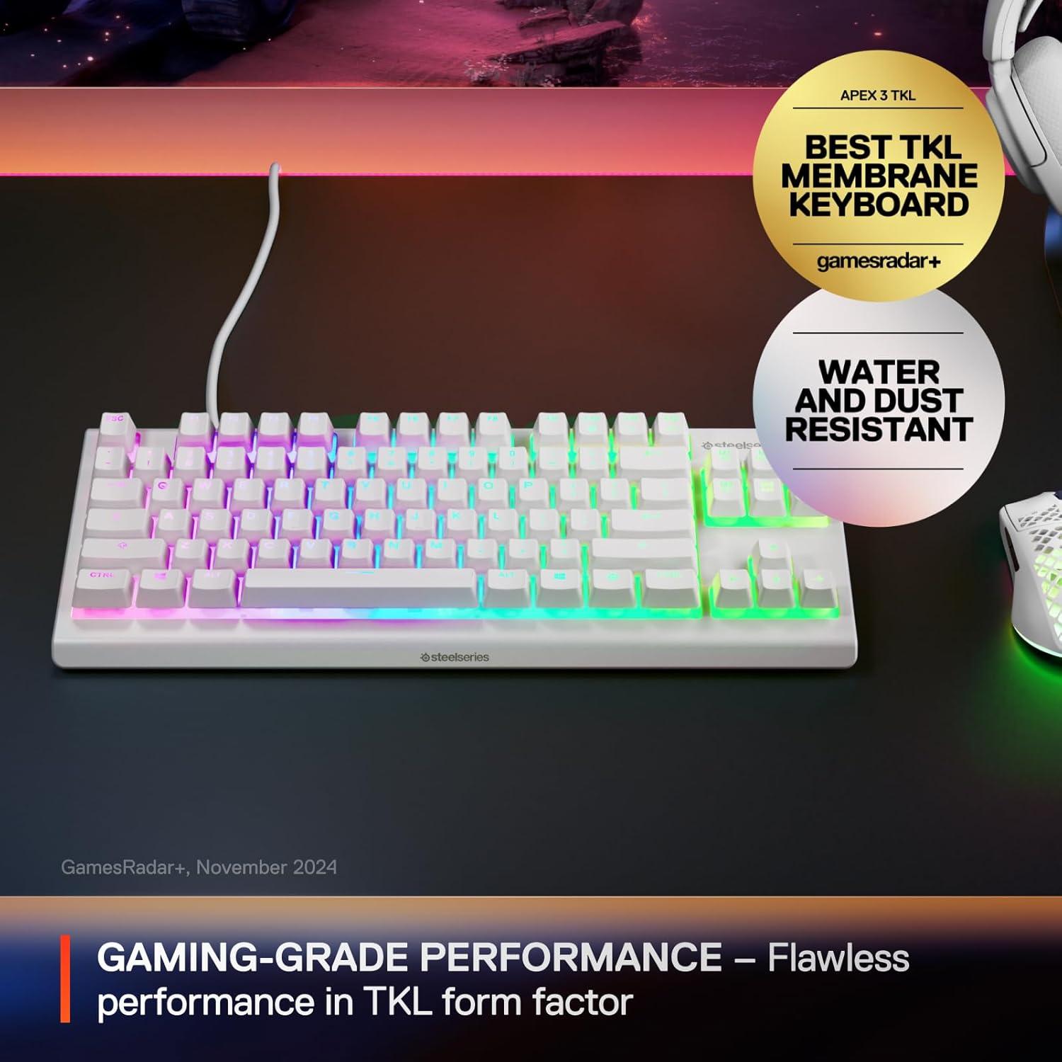 imageSteelSeries Apex 3 TKL White RGB Gaming Keyboard  Tenkeyless Compact Form Factor  8Zone RGB Illumination  Water and Dust Resistant  WhisperQuiet Gaming Switch
