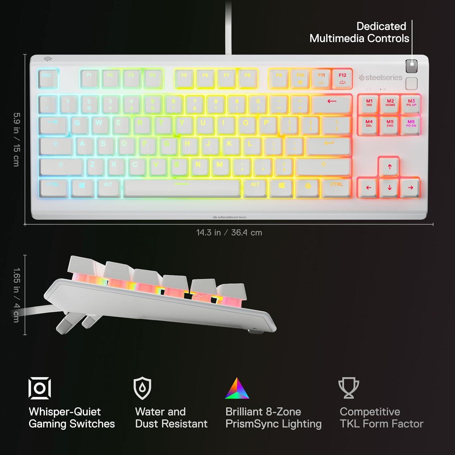 imageSteelSeries Apex 3 TKL White RGB Gaming Keyboard  Tenkeyless Compact Form Factor  8Zone RGB Illumination  Water and Dust Resistant  WhisperQuiet Gaming Switch