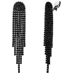 imageBriLove Clipon Earrings Rhinestone Dangling for Women Fashion Long Chandelier Sparkle Crystal Tassel Dangle Drop EarringBlack BlackTone