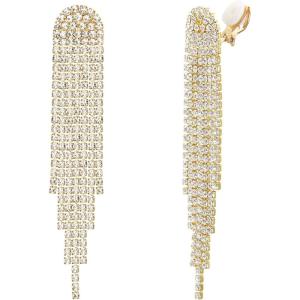 imageBriLove Clipon Earrings Rhinestone Dangling for Women Fashion Long Chandelier Sparkle Crystal Tassel Dangle Drop EarringClearGoldTone