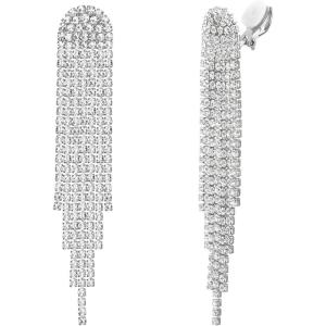 imageBriLove Clipon Earrings Rhinestone Dangling for Women Fashion Long Chandelier Sparkle Crystal Tassel Dangle Drop EarringClearSilverTone