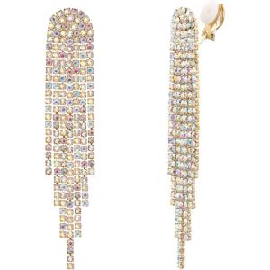 imageBriLove Clipon Earrings Rhinestone Dangling for Women Fashion Long Chandelier Sparkle Crystal Tassel Dangle Drop EarringIredescent AB GoldTone