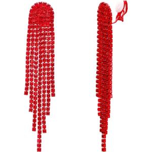 imageBriLove Clipon Earrings Rhinestone Dangling for Women Fashion Long Chandelier Sparkle Crystal Tassel Dangle Drop EarringRuby Color RedTone
