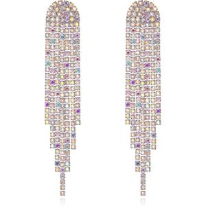 imageBriLove Rhinestone Earrings Dangling for Women Fashion Long Chandelier Sparkle Crystal Tassel Dangle Drop Earring for Party Prom AccessoriesIredescent AB SilverTone