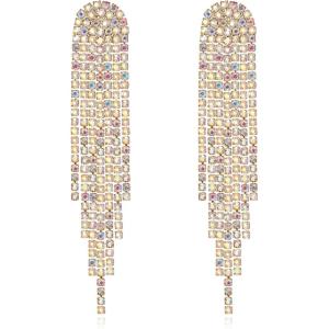 imageBriLove Rhinestone Earrings Dangling for Women Fashion Long Chandelier Sparkle Crystal Tassel Dangle Drop Earring for Party Prom AccessoriesIredescent AB GoldTone
