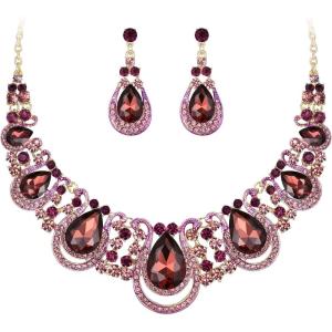 imageBriLove Womens Costume Fashion Crystal Teardrop Hollow Scroll Statement Necklace Dangle Earrings SetAmethyst Color GoldTone