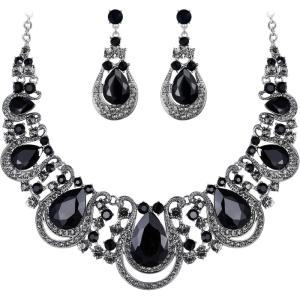 imageBriLove Womens Costume Fashion Crystal Teardrop Hollow Scroll Statement Necklace Dangle Earrings SetBlack SilverTone