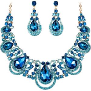 imageBriLove Womens Costume Fashion Crystal Teardrop Hollow Scroll Statement Necklace Dangle Earrings SetBlue Topaz Color GoldTone
