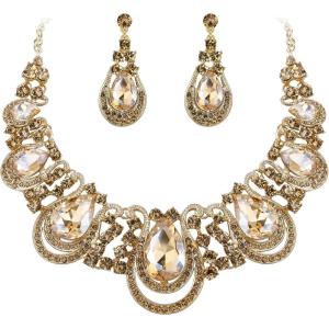 imageBriLove Womens Costume Fashion Crystal Teardrop Hollow Scroll Statement Necklace Dangle Earrings SetChampagne GoldTone