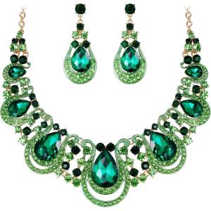 imageBriLove Womens Costume Fashion Crystal Teardrop Hollow Scroll Statement Necklace Dangle Earrings SetEmerald Color GoldTone