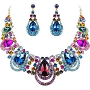 imageBriLove Womens Costume Fashion Crystal Teardrop Hollow Scroll Statement Necklace Dangle Earrings SetMulticolor GoldTone