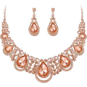 imageBriLove Womens Costume Fashion Crystal Teardrop Hollow Scroll Statement Necklace Dangle Earrings SetPeach RoseGoldTone
