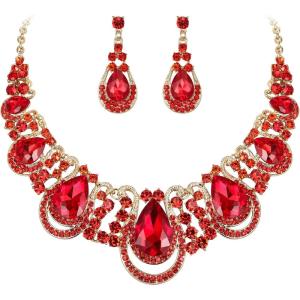 imageBriLove Womens Costume Fashion Crystal Teardrop Hollow Scroll Statement Necklace Dangle Earrings SetRuby Color GoldTone