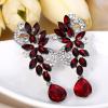 imageBriLove Womens Bohemian Boho Crystal Flower Wedding Bridal Chandelier Teardrop Bling ClipOn Dangle Earrings06Ruby Color SilverTone