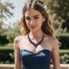 imageBriLove Womens Wedding Bridal Austrian Crystal Teardrop Cluster Statement Necklace Dangle Earrings Jewelry Set07Navy Blue BlackTone
