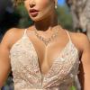 imageBriLove Womens Wedding Bridal Austrian Crystal Teardrop Cluster Statement Necklace Dangle Earrings Jewelry Set12Champagne GoldTone