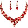 imageBriLove Womens Wedding Bridal Austrian Crystal Teardrop Cluster Statement Necklace Dangle Earrings Jewelry SetRuby Color GoldTone