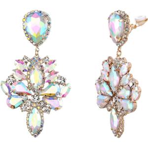 imageBriLove ClipOn Earrings Wedding Stunning Crystal Rhinestone Marquise Teardrop Cluster Dangle Earring for Women Party Prom AccessoryIridescent AB GoldTone
