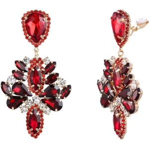 imageBriLove ClipOn Earrings Wedding Stunning Crystal Rhinestone Marquise Teardrop Cluster Dangle Earring for Women Party Prom AccessoryRuby Color GoldTone