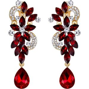 imageBriLove Womens Bohemian Boho Crystal Flower Wedding Bridal Chandelier Teardrop Bling ClipOn Dangle Earrings01Ruby Color GoldTone