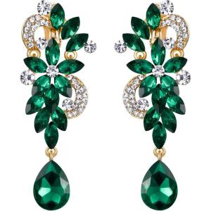 imageBriLove Womens Bohemian Boho Crystal Flower Wedding Bridal Chandelier Teardrop Bling ClipOn Dangle Earrings02Emerald Color GoldTone