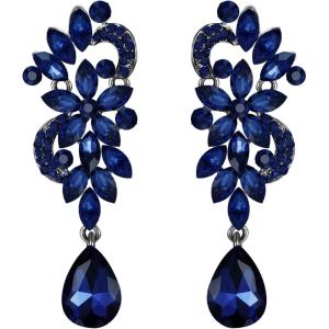 imageBriLove Womens Bohemian Boho Crystal Flower Wedding Bridal Chandelier Teardrop Bling ClipOn Dangle Earrings03Navy Blue BlackTone