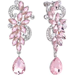imageBriLove Womens Bohemian Boho Crystal Flower Wedding Bridal Chandelier Teardrop Bling ClipOn Dangle Earrings04Pink Tourmaline Color SilverTone