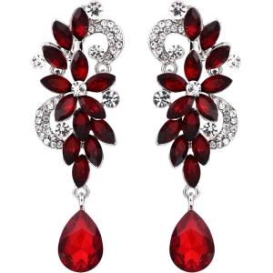 imageBriLove Womens Bohemian Boho Crystal Flower Wedding Bridal Chandelier Teardrop Bling ClipOn Dangle Earrings06Ruby Color SilverTone