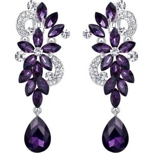 imageBriLove Womens Bohemian Boho Crystal Flower Wedding Bridal Chandelier Teardrop Bling ClipOn Dangle Earrings08Amethyst Color SilverTone