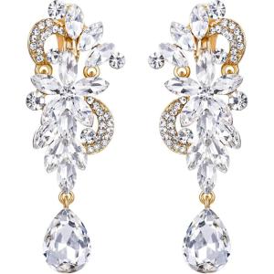 imageBriLove Womens Bohemian Boho Crystal Flower Wedding Bridal Chandelier Teardrop Bling ClipOn Dangle Earrings10Clear GoldTone