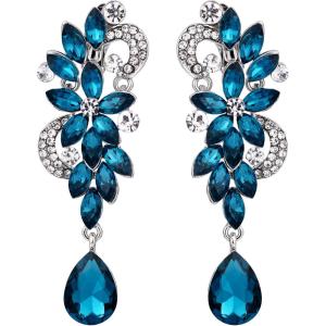 imageBriLove Womens Bohemian Boho Crystal Flower Wedding Bridal Chandelier Teardrop Bling ClipOn Dangle Earrings13Turquoise Color SilverTone