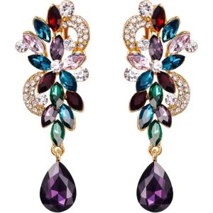 imageBriLove Womens Bohemian Boho Crystal Flower Wedding Bridal Chandelier Teardrop Bling ClipOn Dangle Earrings14Multicolor GoldTone