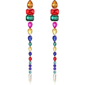 imageBriLove Womens Stunning Geometric Crystal Rhinestone Emerald Cut Teardrop Long Chandelier Drop Dangle Earrings for Party Prom01Multicolor GoldTone